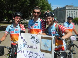 From left, Rami Eisenman, Shai Brown and Ilan Fleisher are all smiles after pedaling from Minneapolis to D.C. with Hazon, a Jewish environmental group.