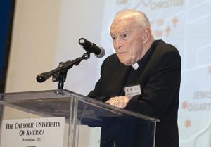 Cardinal Theodore McCarrick, archbishop emeritus of Washington, D.C. speaks at the Religious Freedom and Human Rights conference Monday. Photo by Ed Pfueller/The Catholic University of America