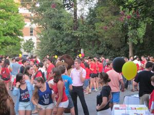 Students talk — and clown — during the University of Maryland Hillel barbecue.