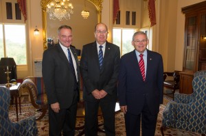 Israeli Defense Minister Moshe Ya'alon (center) spoke with  (from left) Senators Tim Kaine (D-Va.) and  Robert Menendez (D-N.J.), chairman of the Senate Foreign Relations Committee, Tuesday. Oct. 8 in the U.S. Capitol.
