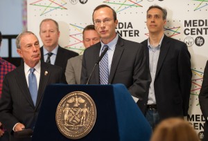 Professor Craig Gotsman, director of the Joan and Irwin Jacobs Technion-Cornell Innovation Institute (JTCII), at a press  conference with New York City Mayor Michael Bloomberg (at left) and other dignitaries (Photo by Jeff Weiner)