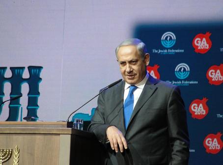 Israeli Prime Minister Benjamin Netanyahu speaks at the 2013 Jewish Federations of North America General Assembly in Jerusalem.  Photo by Judy Lash Balint/JNS