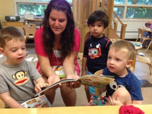 Children learn in small groups with a teacher at Temple Beth Shalom in Needham, Mass.  Photo courtesy of the Paradigm Project 
