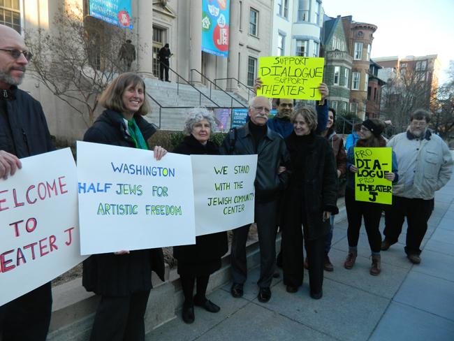 Theater J supporters demonstrate against COPMA’s attempt to prevent Motti Lerner’s play The Admission from being performed at the DCJCC. “I take offense when the Jewish community tries to shut down discussioin,” said one. Photo by David Holzel