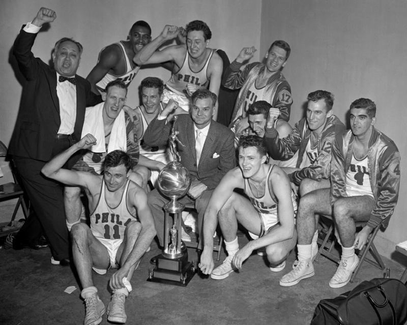 Owner Eddie Gottlieb, left, celebrates the Philadelphia Warriors winning the 1955-56 NBA championship. Photo courtesy of NBA Photo