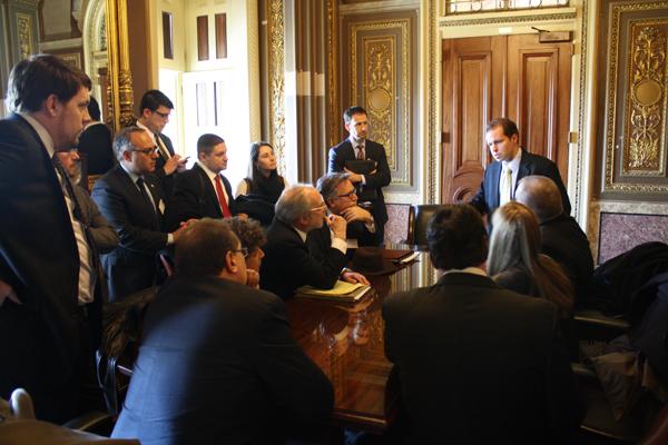 Members of the Community Relations Council of the Jewish Federation of Greater Pittsburgh are briefed by a staffer for Republican Sen. Pat Toomey in the Senate reception room. Photo courtesy of Sen. Toomey’s office
