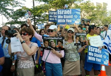 Washingtonians gather at Israel's embassy Wednesday in solidarity with three Israeli teens who were kidnapped last week. Photo by Suzanne Pollak