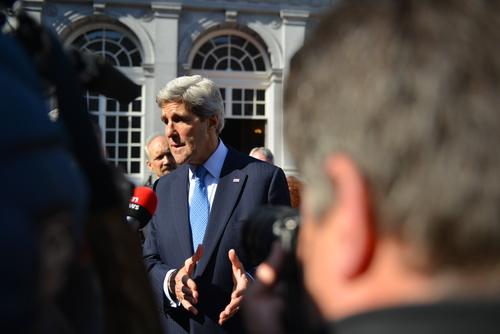 U.S. Secretary of State John Kerry takes questions from Belgian TV at Egmont Palace in Brussels on April 24, 2013. Credit: State Department. 