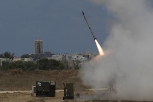   An Iron Dome missile defense battery set up near the southern Israeli town of Ashdod firing an interceptor missile, July 14, 2014. (David Buimovitch/Flash 90)