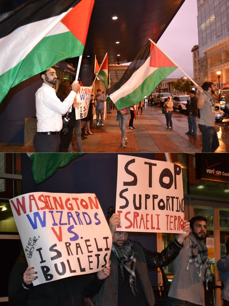 Pro-Palestinian demonstrators have their say at the basketball game between Maccabi Haifa and the Washington Wizards.