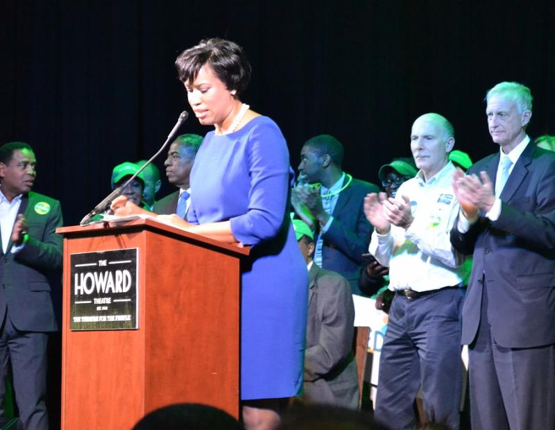 D.C. Councilwoman Muriel Bowser claims victory late Tuesday night.Photo by Josh Marks.