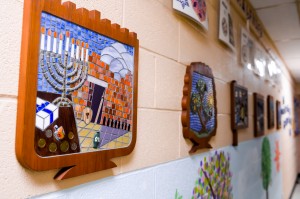 Temple Adas Shalom's walls are decorated by artwork by its members and rabbi.