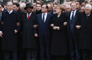 Israeli Prime Minister Benjamin Netanyahu, far left, was among the dozens of world leaders who gathered for a unity march in Paris, Jan. 11, 2015. (Dan Kitwood/Getty Images) 