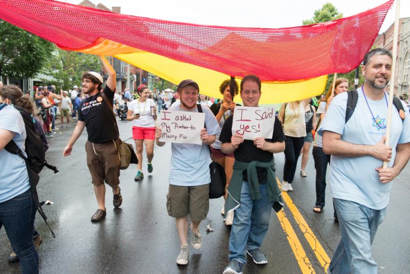 Aden and Josh marched in the Boston Pride celebration after their engagement