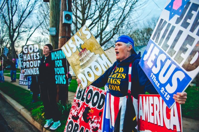 Westboro Baptist Church member Shirley Phelps-Roper protests across the street from Temple Rodef Shalom in Falls Church before Friday night services on April 10.Photos by David Stuck