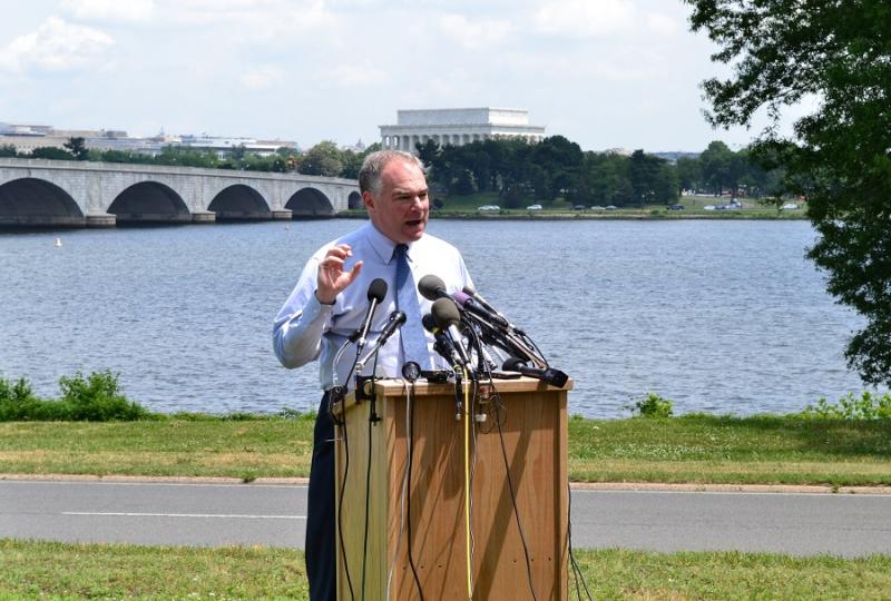 Sen. Tim Kaine (D-Va.) called on Congress to fix the nation's crumbling transportation infrastructure at a June 1 press conference on the Virginia side of the Arlington Memorial Bridge following the National Park Service's announcement that emergency repairs would close two lanes of traffic on the bridge for six to nine months.Photo by Josh Marks