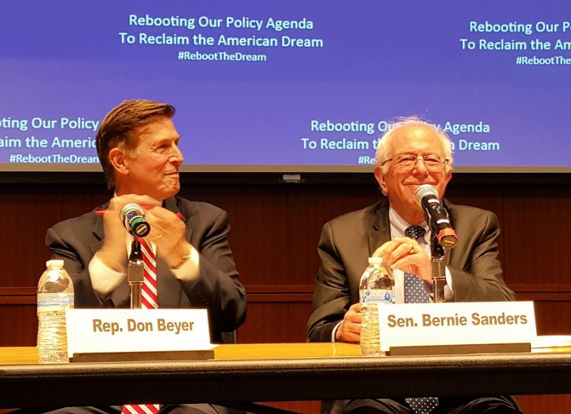 Rep. Don Beyer (D-Va.), left, and Sen. Bernie Sanders (I-Vt.) participated in the public policy forum “Rebooting Our Policy Agenda to Reclaim the American Dream” on July 9 in Arlington.Photo by Josh Marks