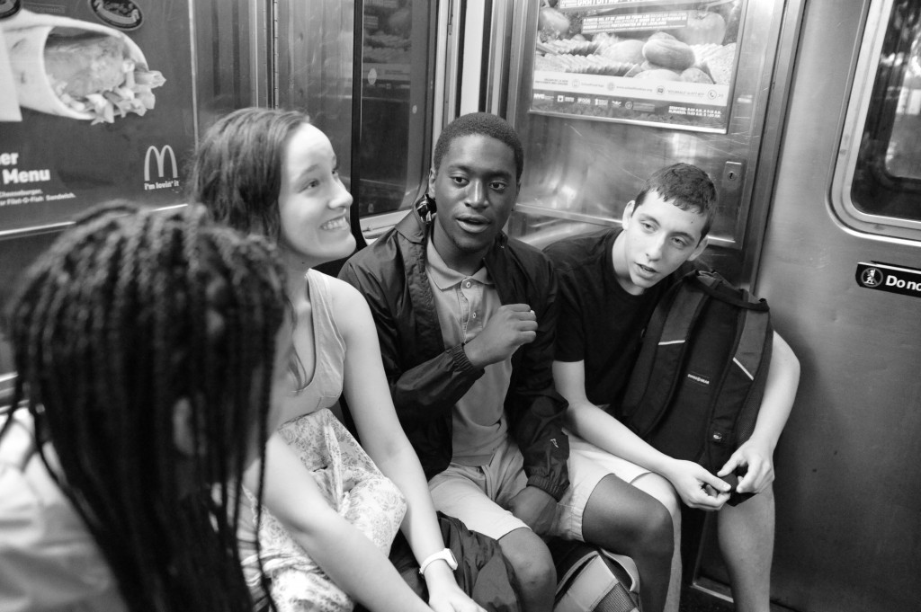 Operation Understanding DC summer journey participants, left to right, Drew Hickman, Rivka Batlan, Colin Bruce Jr. and Noah Roos ride the New York City subway.Photo by Lloyd Wolf