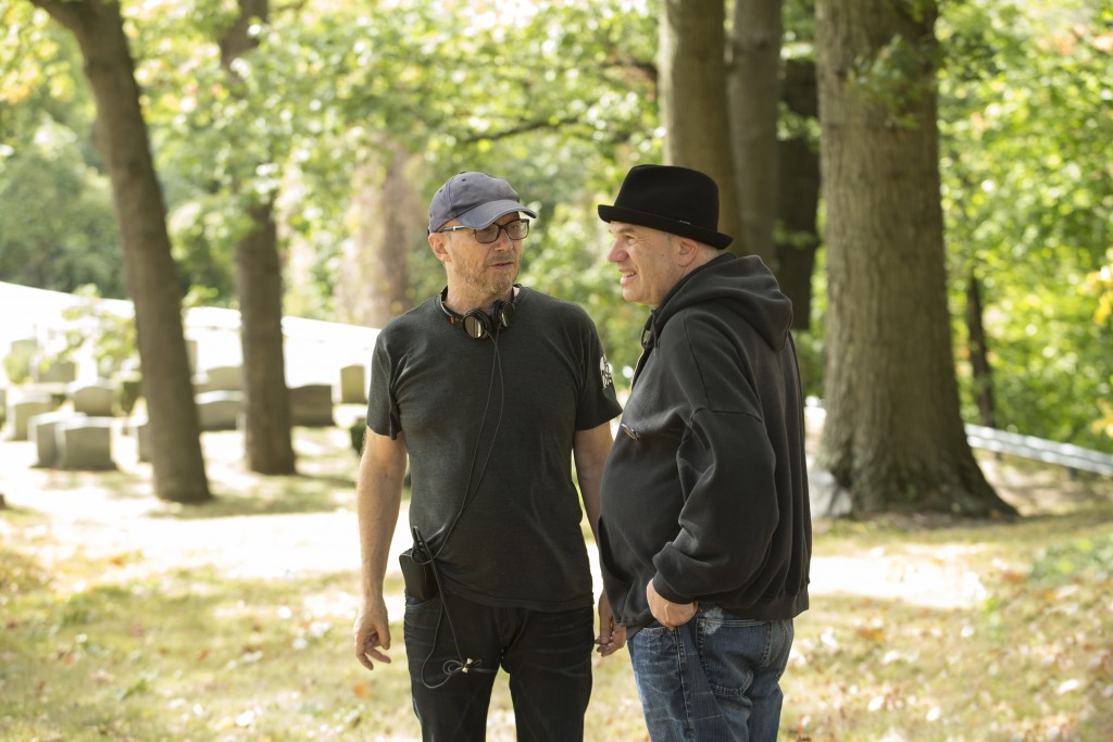 Director Paul Haggis, left, with writer David Simon on the set of HBO’s Show Me a Hero, premiering Aug. 16 on the cable network.