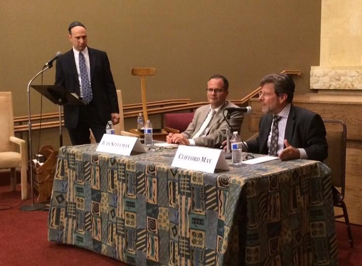 Aaron Mannes, far left, was moderator for panelists Ilan Sztulman, head of public diplomacy at the Israeli Embassy, and Clifford May, president of the Foundation for Defense of Democracies, as they discussed opposition to the Iran nuclear deal at Tikvat Israel Congregation. Photo by Sam Freedenberg