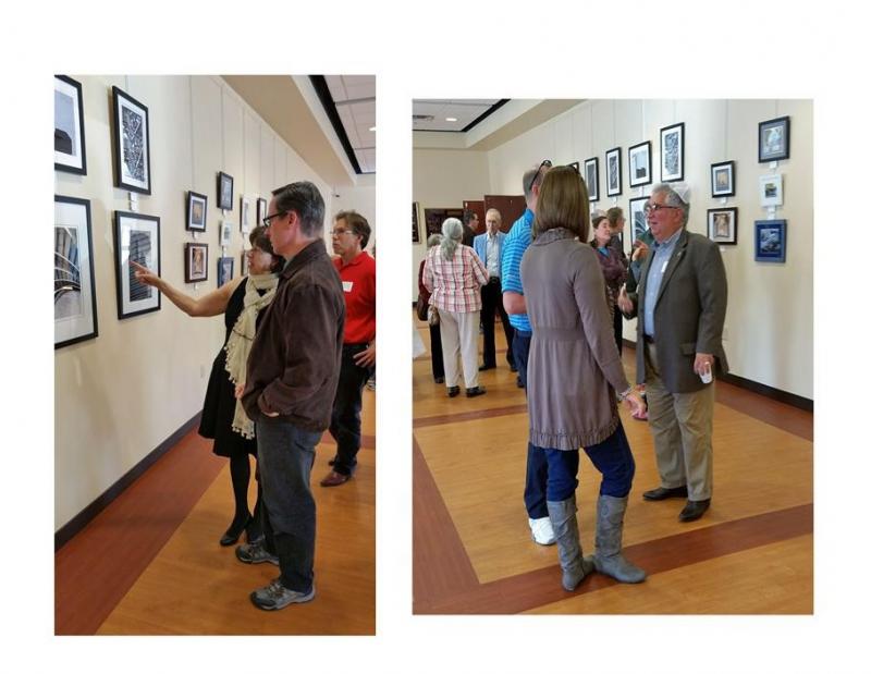 On Nov. 8, Shaare Tefila Congregation hosted a Meet the Artists reception to help launch the 25-picture display of photographic work by Marge Wasson (left in the photo on the left), and Stuart Eisen (right in the photo on the right). The exhibition will run through Jan. 3 in the Winer Family Gallery area of Shaare Tefila.Photos courtesy of Shaare Tefila