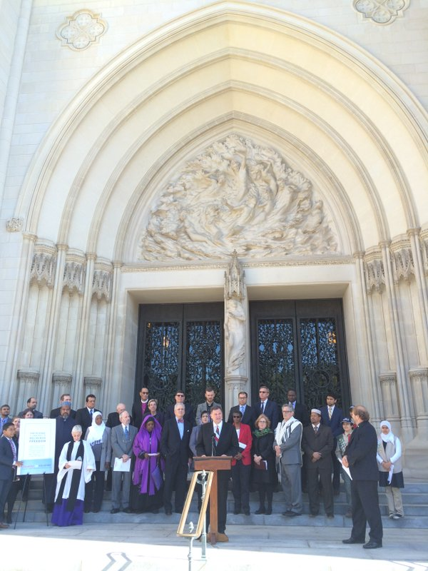 An interfaith clergy group gathers at Washington National Cathedral to urge public officials to end anti-Muslim rhetoric.Photo provided 