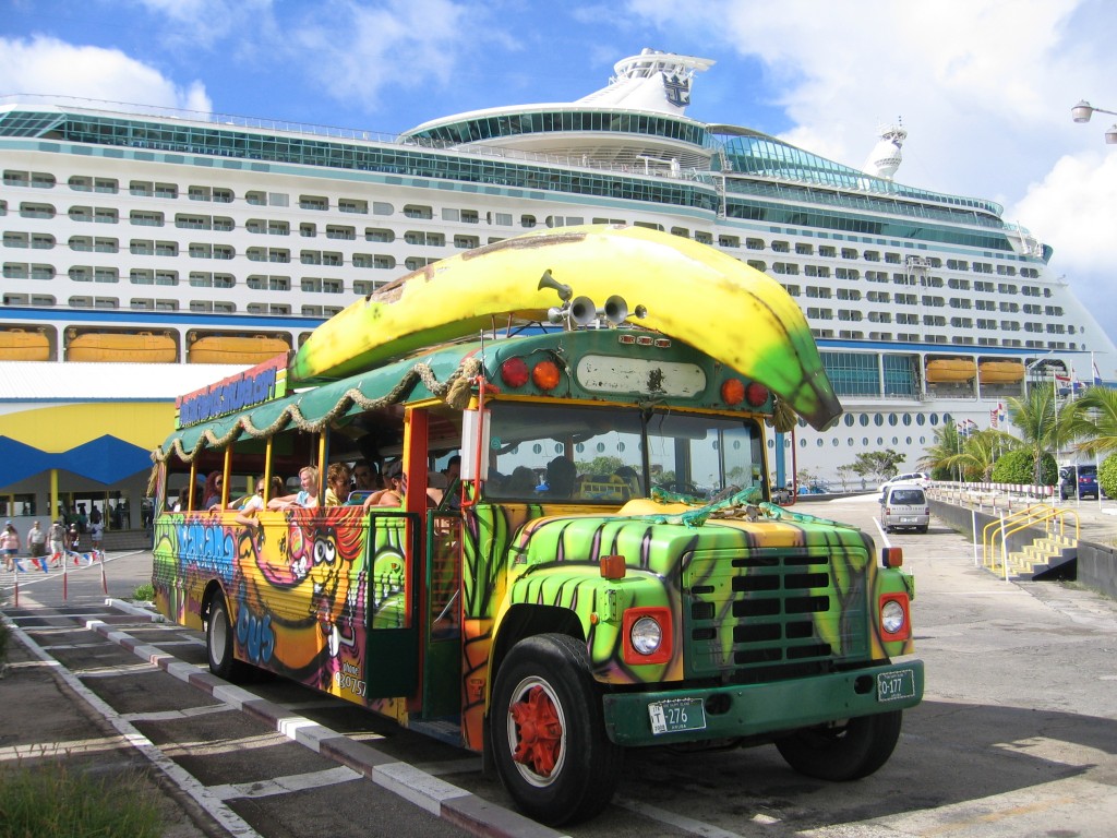 A colorful bus takes visitors to see the sites in Oranjestad, the capital of Aruba.Photo by Ben G. Frank