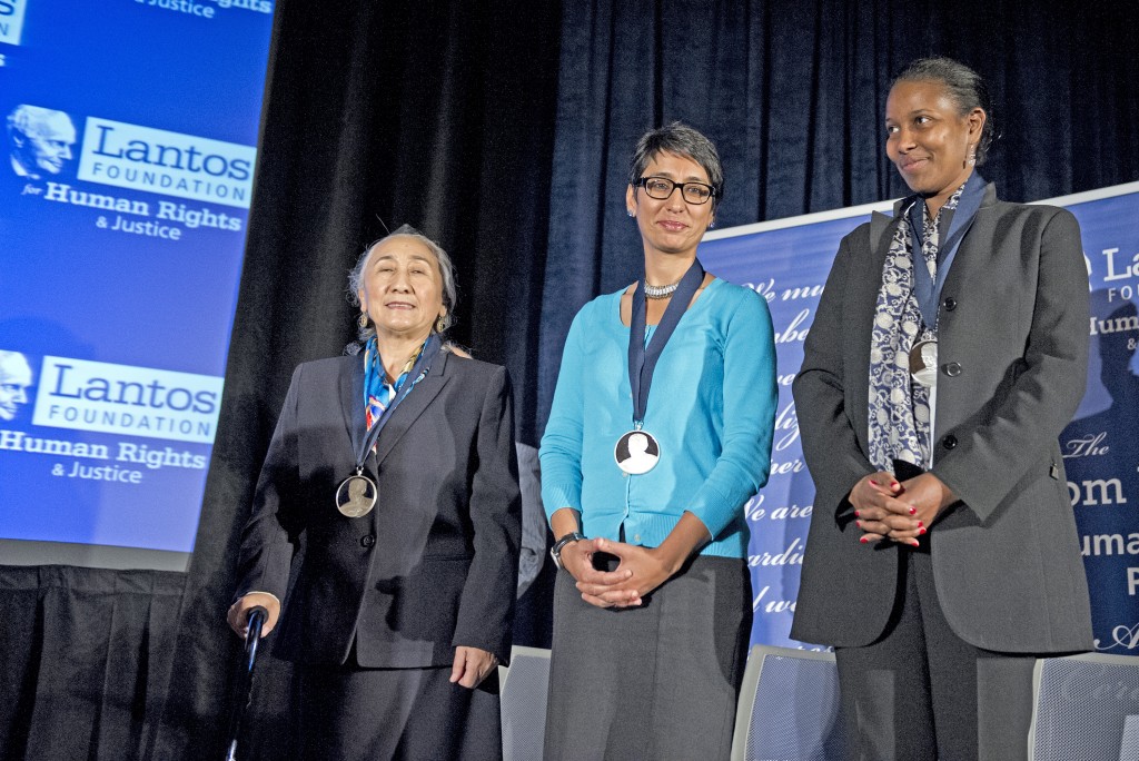 The Lantos Foundations for Human Rights and Justice awarded its highest honor, the 2015 Lantos Human Rights Prize, to female leaders of Muslim heritage Rebiya Kadeer, Irshad Manji and Ayaan Hiris Ali at a Capitol Hill ceremony on Dec. 10 in Washington. Pictured left to right: Kadeer, Manji and Hiris Ali.Photo by Ron Sachs