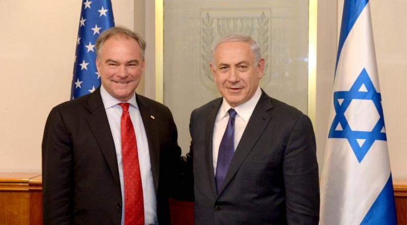 U.S. Sen. Tim Kaine (D-Va.), left, stands with Israeli Prime Minister Benjamin Netanyahu. photo by Haim Zach / GPO