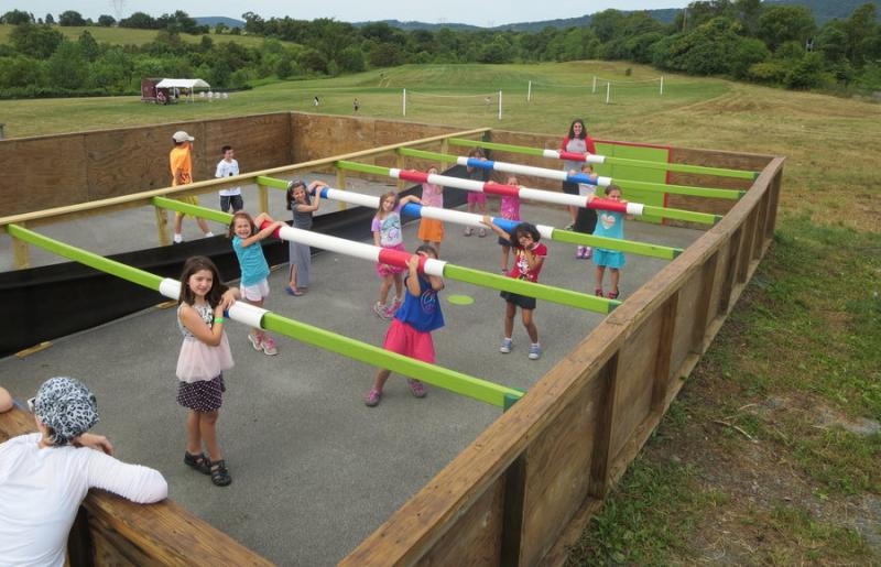 t’s all in the wrist: Shoresh campers play life-size foosball. Courtesy Camp Shoresh