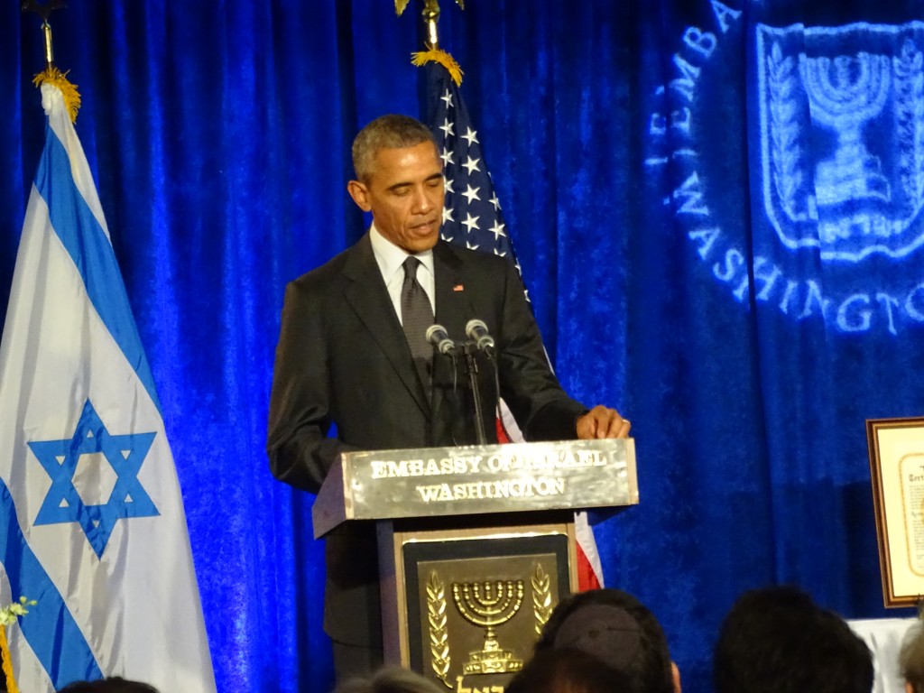 resident Barack Obama talks about fighting anti-Semitism in his address at the Israeli Embassy last week, the first visit by a sitting president to the diplomatic mission. Photo by Suzanne Pollak