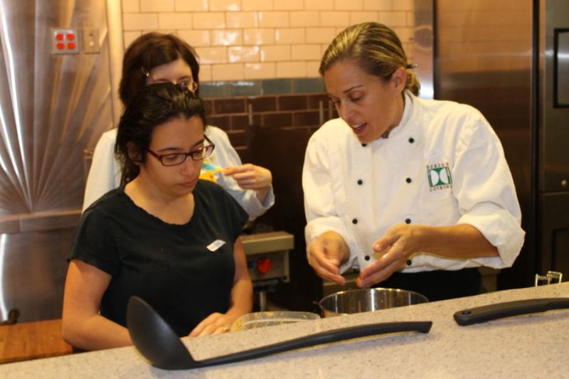 Melissa Gurman, left, with Alice Hanson, chef, at the George Mason University Nutrition Kitchen in Fairfax. JCCNV