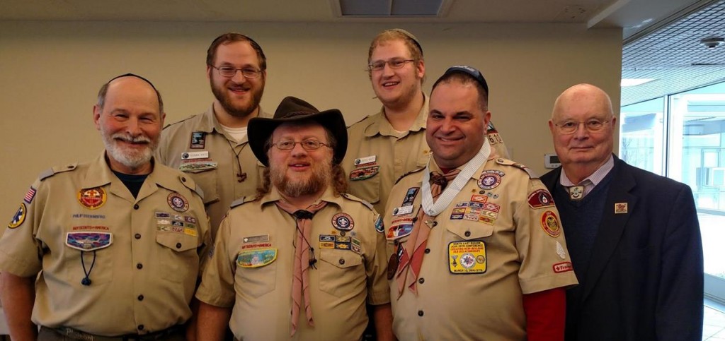 Six local Jewish Committee on Scouting volunteers of the National Capital Area Council of Boy Scouts of America were among the participants in the BSA Northeast Region Jewish Committee on Scouting 29th Annual Conference on March 13 in West Orange, N.J. Front, from left: Phil Sternberg, Jeffrey Cohen, Seth Distler, Ed Scheidt; Back: Yehuda Katz, Ze’ev KatzPhoto provided 