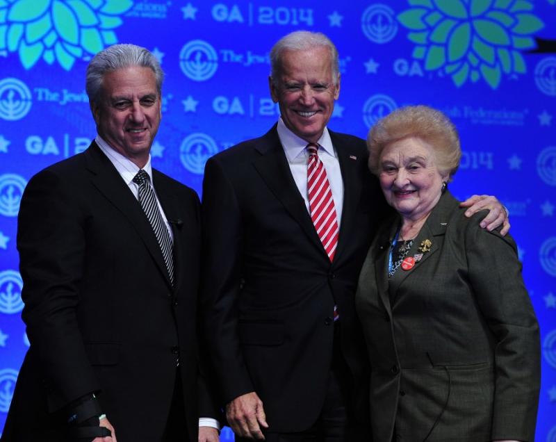 At 2014 Jewish Federations of North America General Assembly: Holocaust survivor Nesse Godin, right, JFNA past president, Michael Siegal, left, and Vice President Joe Biden. Photo courtesy of JFNA