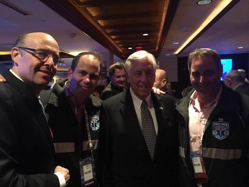 United Hatzalah founder Eli Beer, second from left, with Rep. Steny Hoyer (D-Md.), center, and United Hatzalah’s Director of International Operations Dov Maisel at the recent AIPAC conference in Washington.Photo by United Hatzalah