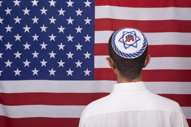 Jewish Citizen Wearing Yarmulke In Front Of American Flag