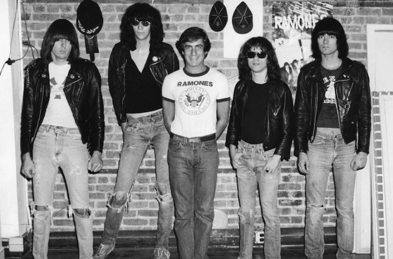Danny Fields, center, without black jacket, with the members of the Ramones.  Photo courtesy Magnolia Pictures via JTA