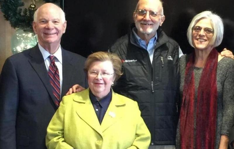 Sen. Barbara Mikulski (D-Md.), front, attends a reception welcoming Alan Gross, second from right with wife Judith, back to the United States after his five-year imprisonment in Cuba. At left is Sen. Ben Cardin (D-Md.).       File photo