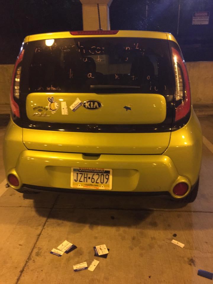 Image showing Rabbi Nehama Benmosche’s car after it was vandalized Saturday night. Photo by Nehama Benmosche 