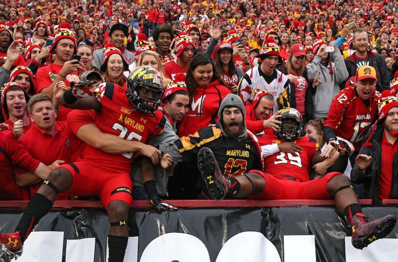 Some University of Maryland Terrapins players jump into the stands before playing the Wisconsin Badgers at Byrd Stadium in College Park. Photo by Patrick Smith/Getty Images via JTA