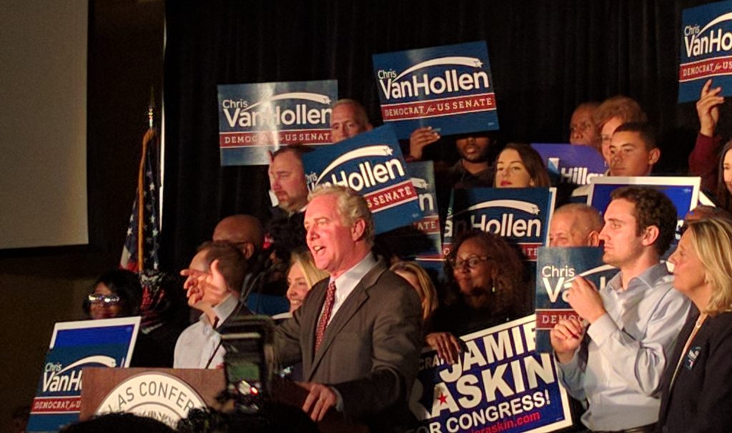 Rep. Chris Van Hollen (D-Md.) declares victory in his Senate race Tuesday night. Photo by George Altshuler 