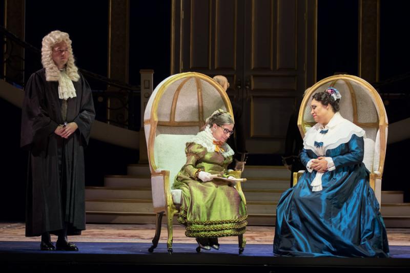 Supreme Court Justice Ruth Bader Ginsburg, center, as the Duchess of Krakenthorp, and Deborah Nansteel as the Marquise of Berkenfield in Gaetano Donizetti’s comic opera  “The Daughter of the Regiment.” Photo by Scott Suchman for WNO