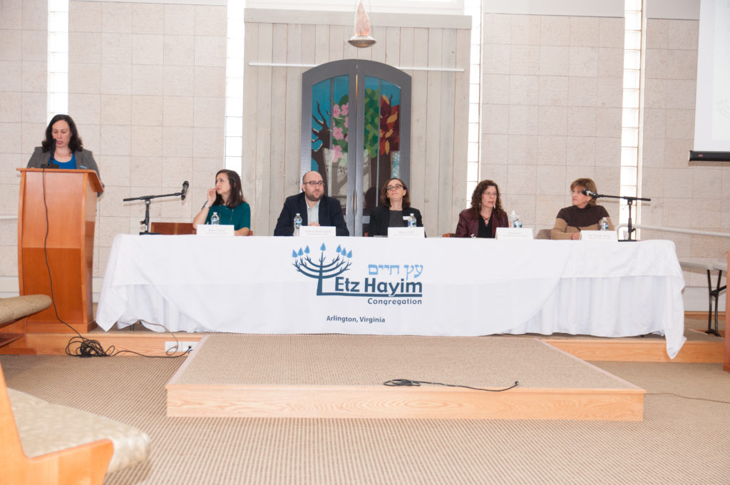 Panelists from the ADL, Jewish Community Relations Council of Greater Washington and the Arlington County schools speak about discussing anti-Semitism with children at Congregation Etz Hayim. Photo by Chris Kagy