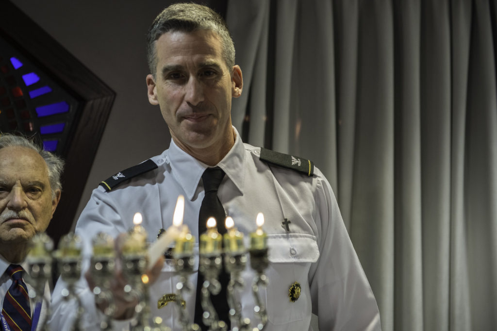 Rabbi Marvin I. Bash and U.S. Army Lt. Col. Shmuel Felzenberg, a chaplain, give the opening remarks and the D'var Torah during a Hanukkah celebration at the Pentagon Memorial Chapel, in Arlington, Va., Dec. 19, 2016.  (U.S. Army photo by Spc. Trevor Wiegel)