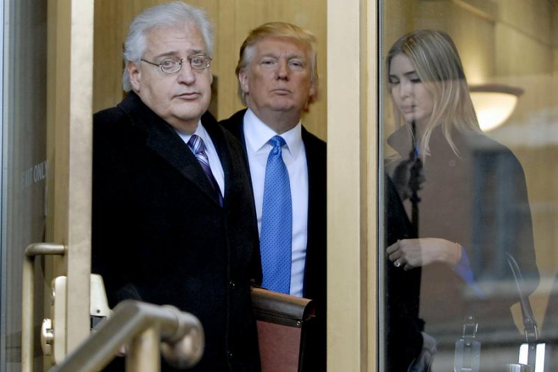Donald Trump, center, and his attorney David Friedman, left, exit the Federal Building after appearing  in U.S. Bankruptcy Court in Camden, N.J., in 2010. Friedman is now Trump’s pick for ambassador to Israel.   Photo by Bradley C Bower/Bloomberg News via Getty Images