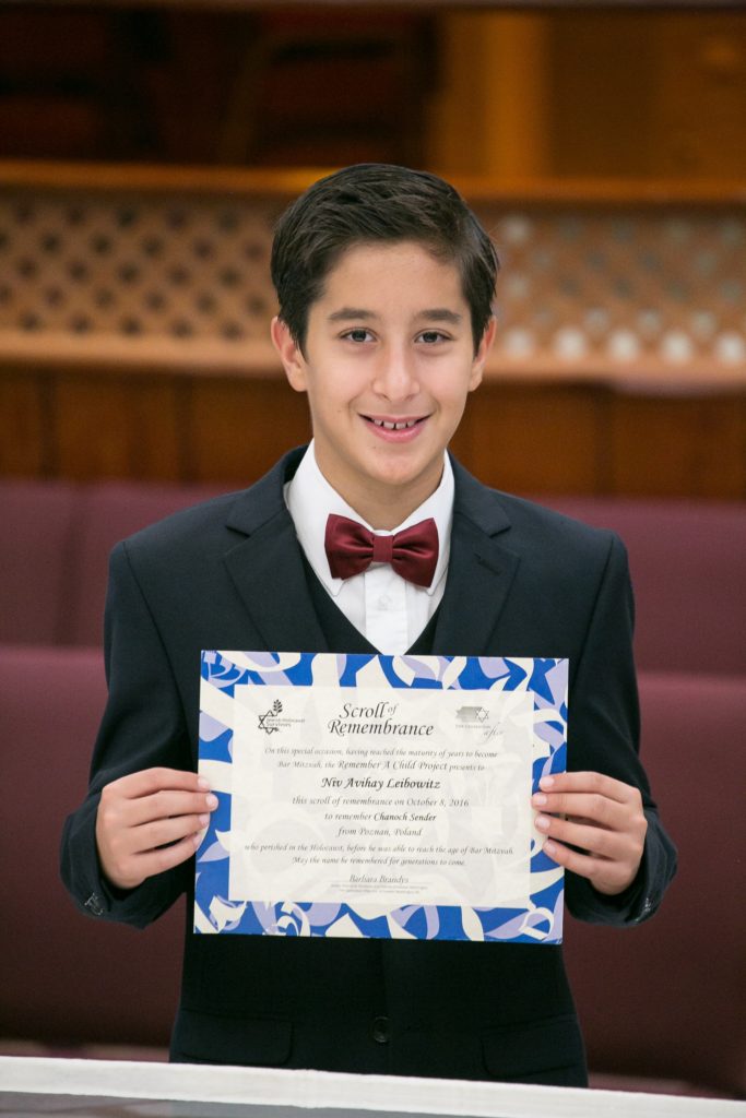 Niv Leibowitz at his bar mitzvah. During the ceremony, he honored Chanoch Sender, a relative of his who died in the Holocaust. 