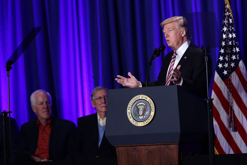 President Donald Trump speaks as Senate Majority Leader Sen. Mitch McConnell and Senate Majority Whip Sen. John Cornyn look on during a luncheon at the Congress of Tomorrow Republican Member Retreat January 26, 2017 in Philadelphia, Pennsylvania. Republican  (Photo by Alex Wong/Getty Images via JTA)