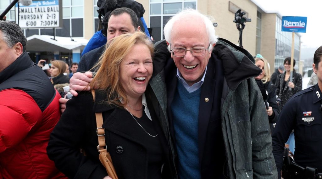Democratic presidential candidate Bernie Sanders and wife Jane outside.